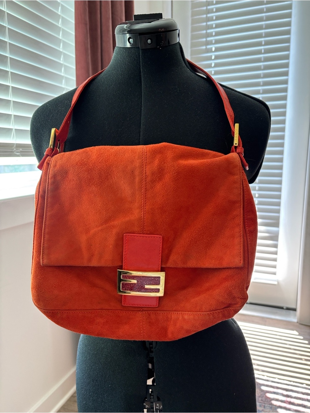 Fendi Suede Shoulder Bag in Burnt Orange with Gold-Tone Hardware